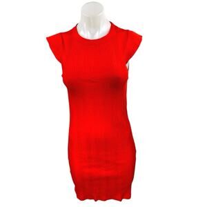 Zara Red Short Cap Sleeve Ribbed Knit Sculpt Sweater Mini Bodycon Dress Size M